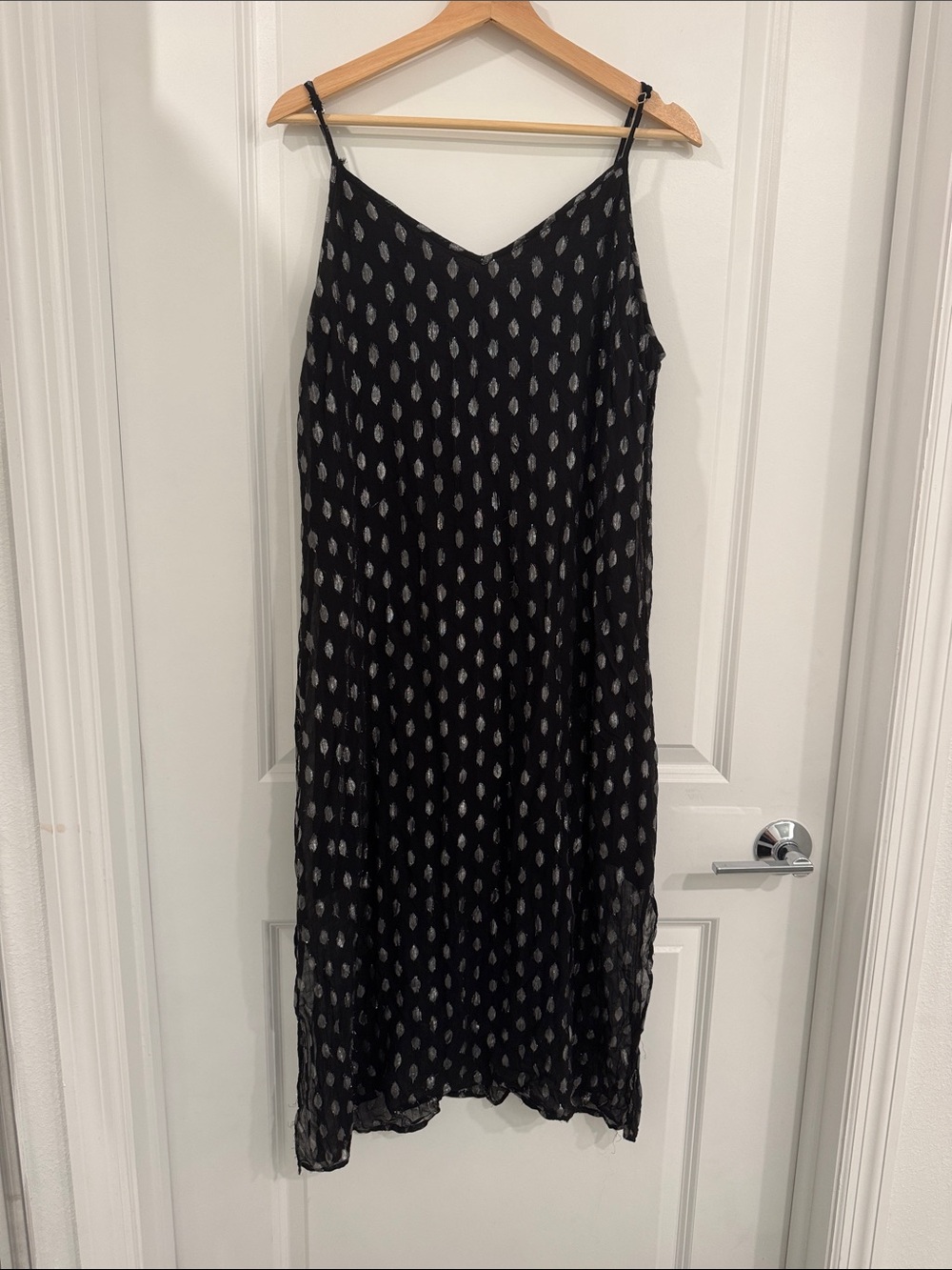 Band of Gypsies Black Slip Midi Dress with Silver Leaf Print